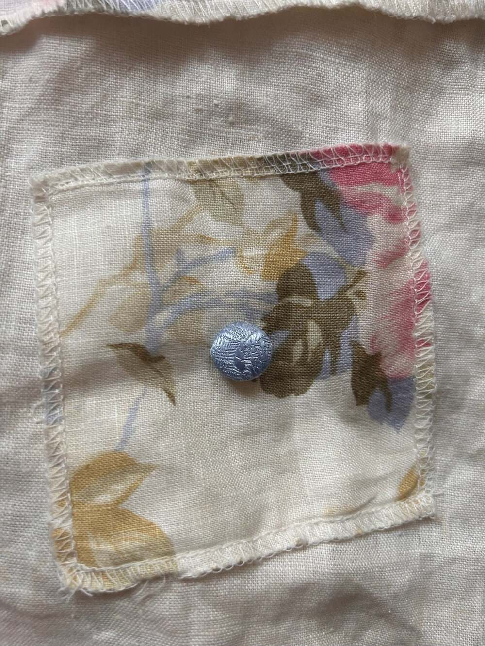 Vintage 90s Surrealist Floral Linen Patchwork Button-Down Shirt Jacket - Picture 10 of 13